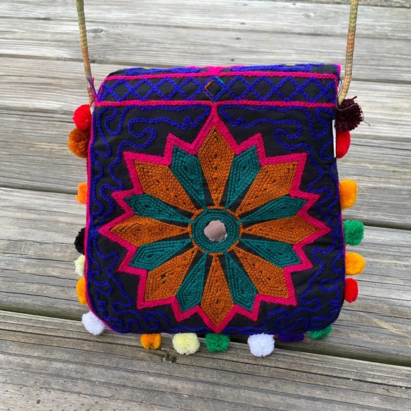 Girl Cross Body Bag Multi Color Embroidery Pom Pom - Picture 2 of 10
